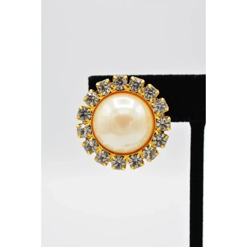 Vintage Clip On Earrings Rhinestone Crystal Pearl Gold Chunky Shiny 1980s BinAA